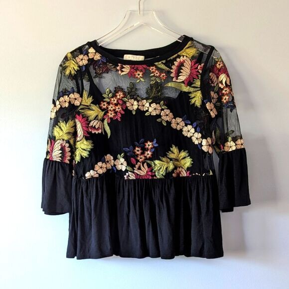 Eri + Ali Anthropologie Black Sheer Floral Embroidered Peplum Top XS - Picture 1 of 9
